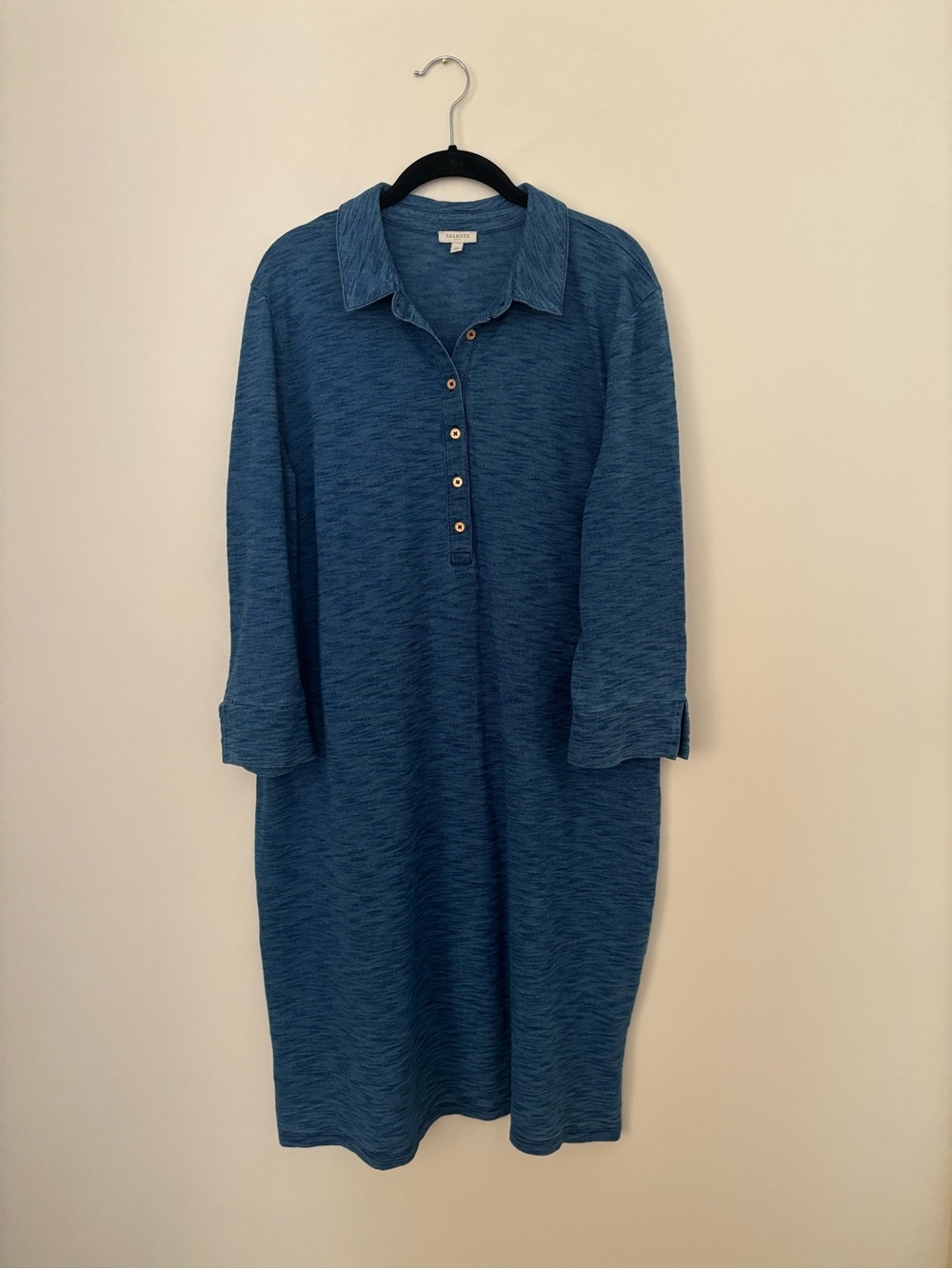 Talbots Heathered Blue Collared Button-Front Long-Sleeve Dress
